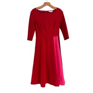 Boden Red Colorblock Ponte Fit and Flare Midi Dress 3/4 Sleeve Pockets Womens 2P